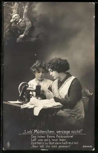 AK Mutter und Kind sitzen an der Nähmaschine und lesen den Feldbrief des Vaters