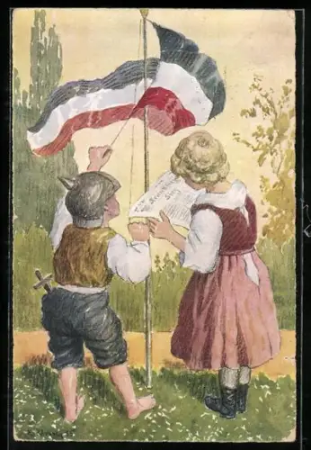 AK Junge mit Pickelhaube hisst deutsche Fahne, Mädchen mit Zeitung, Rotes Kreuz