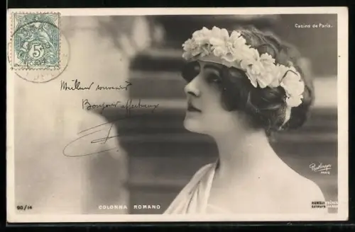 Foto-AK Atelier Reutlinger, Paris, Schauspielerin Colonna Romano mit Blumenkranz im Haar