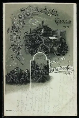 Mondschein-Lithographie Drachenfels, Restaurant auf dem Drachenfels, Zahnradbahn