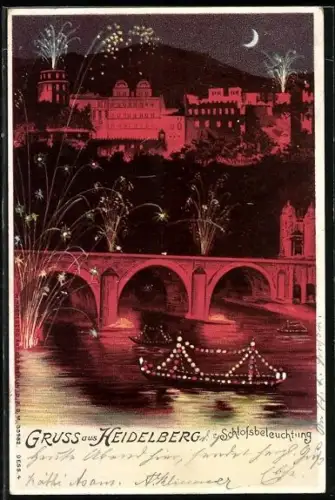 Künstler-AK Heidelberg, Schlossbeleuchtung und Feuerwerk