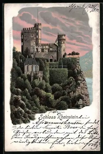 AK Trechtingshausen, Schloss Rheinstein im Abendrot