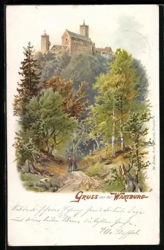 Lithographie Eisenach, Wartburg, Paar auf dem Waldweg unterhalb der Burg