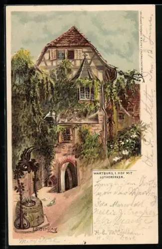 Künstler-AK Eisenach, Wartburg, 1. Hof mit Lutherdenkmal