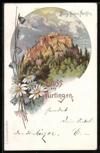 Lithographie Nürtingen, Burg Hohen-Neuffen, Blumen