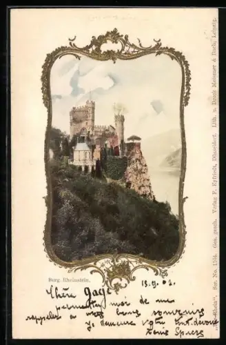 AK Trechtingshausen, Blick auf die Burg Rheinstein mit Rhein im Hintergrund