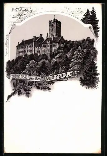 Lithographie Eisenach, Wartburg von Osten