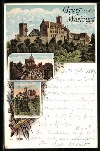 Lithographie Eisenach, Restaurant, Wartburg v. Süden