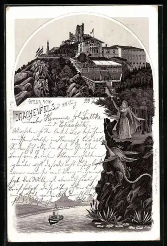 Lithographie Königswinter, Burg Drachenfels