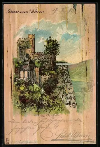 Lithographie Trechtingshausen, Blick zum Schloss Rheinstein