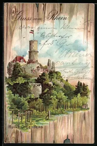 Künstler-AK Godesberg, Ruine Godesberg mit Bäume davor