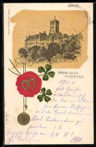 Lithographie Eisenach, Wartburg, Siegel mit Kleeblättern