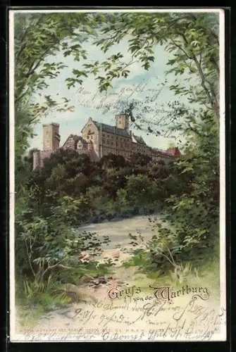 Lithographie Eisenach, Blick zur Wartburg