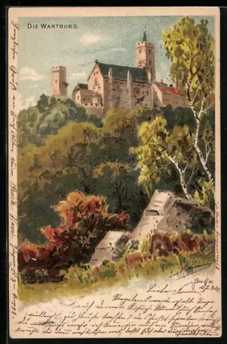 Lithographie Wartburg, herbstliches Motiv mit Birken