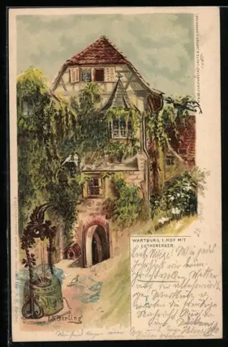 Künstler-AK Eisenach, Wartburg, 1. Hof mit Lutherdenkmal