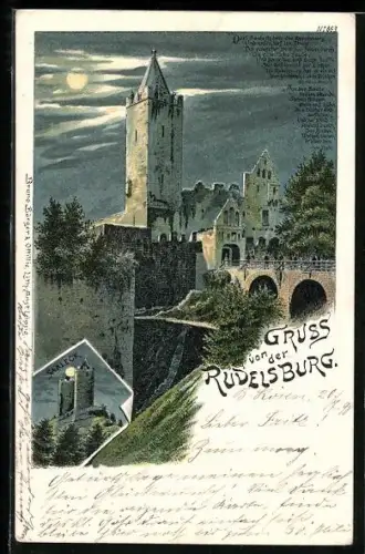 Lithographie Rudelsburg, Schloss, Burgruine Saaleck