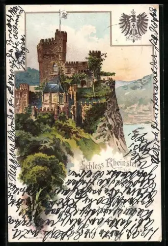 Lithographie Trechtingshausen, Schloss Rheinstein, Wappen