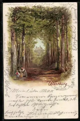 Lithographie Wartburg von der Hohen Sonne gesehen