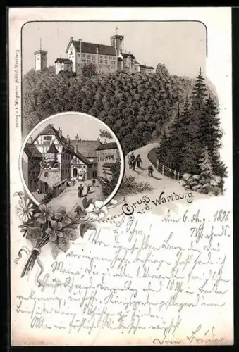 Lithographie Eisenach, Wartburg, Partie im Hof