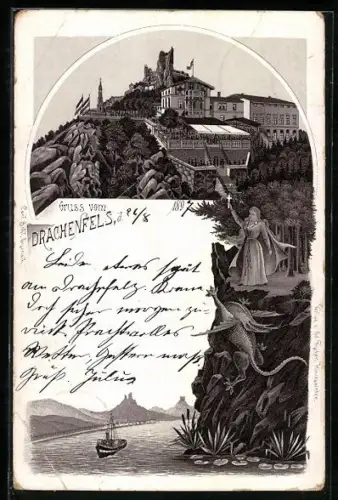 Lithographie Drachenfels, Hotel und Ruine, Panorama mit Dampfer