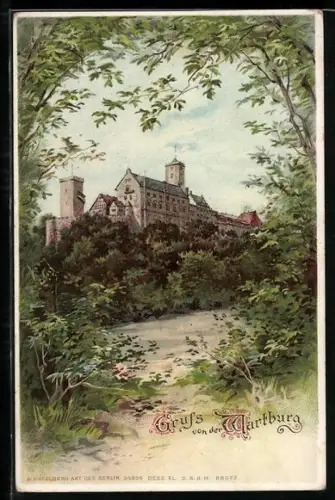 Lithographie Eisenach, Blick zur Wartburg