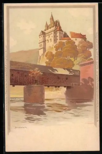 Künstler-AK Meissner & Buch (M&B) Nr. 11: Kriebstein, Blick von der gedeckten Brücke zum Schloss