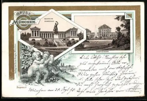 Lithographie München, Nymphenburg, Bavaria mit Ruhmeshalle