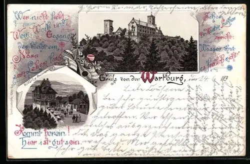 Lithographie Eisenach, Blick zur Wartburg, Wartburg-Restauration