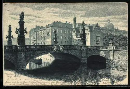 Lithographie Berlin, Kaiser Wilhelm-Brücke mit Königlichem Schloss