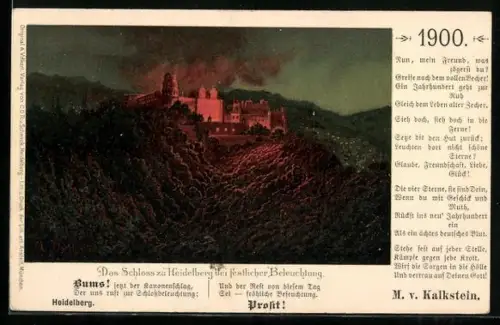 Künstler-AK Heidelberg, Schloss bei festtlicher Beleuchtung 1900