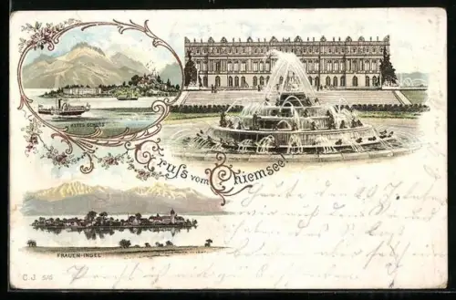 Lithographie Schloss Herrenchiemsee, Altes Schloss, Frauen-Insel