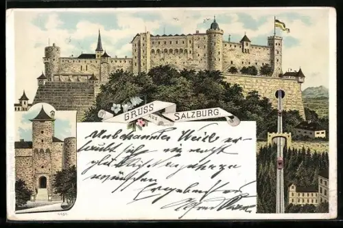 Lithographie Salzburg, Gesamtansicht, Bergbahn, Portal