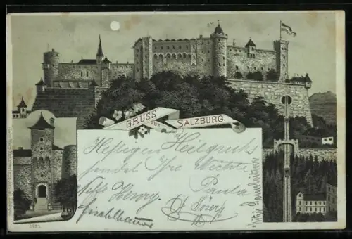 Mondschein-Lithographie Salzburg, Festung Hohensalzburg, Tor