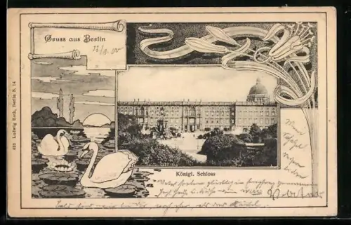 Lithographie Berlin, Königliches Schloss, Schwäne mit Seerose, Passepartout