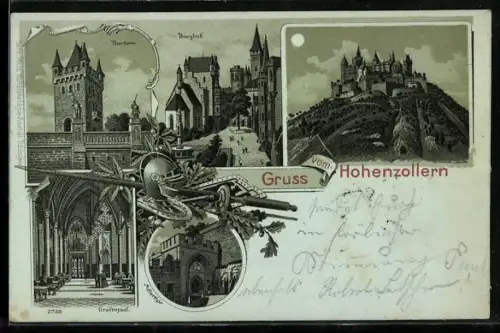 Mondschein-Lithographie Hohenzollern, Schloss, Inneres Grafensaal, Torturm