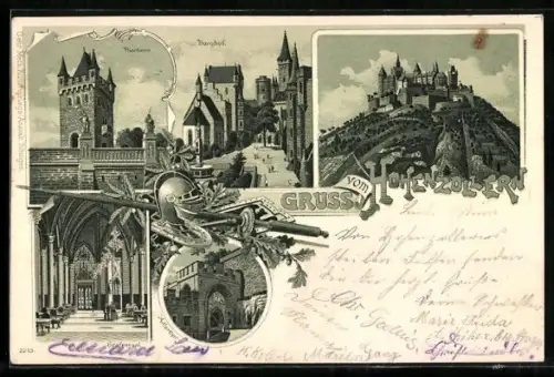 Lithographie Hohenzoller, Burghof, Thorturm, Grafensaal, Adlerthor