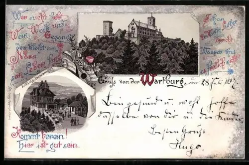 Lithographie Eisenach, Blick zur Wartburg, Wartburg-Restauration