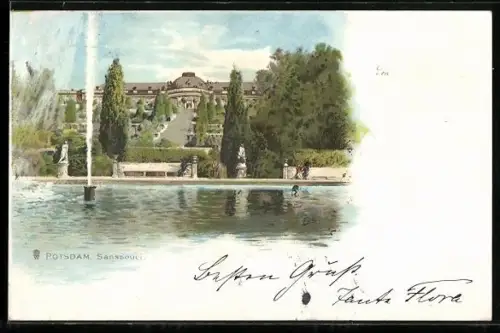 Lithographie Potsdam, Blick zum Schloss Sanssouci