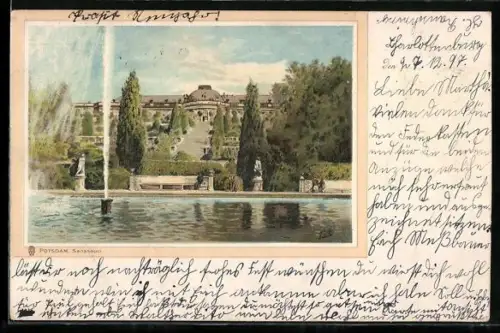 Lithographie Potsdam, Sanssouci, Wasserbrunnen