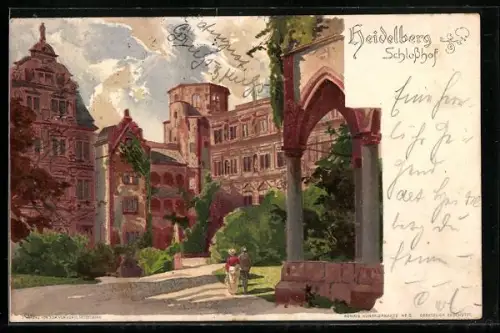 Künstler-Lithographie Heinrich Kley: Heidelberg, Liebespaar spaziert im Schlosshof