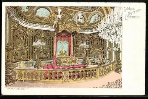 Lithographie Prien, Blick auf Paradebett im Schloss Herren Chiemsee