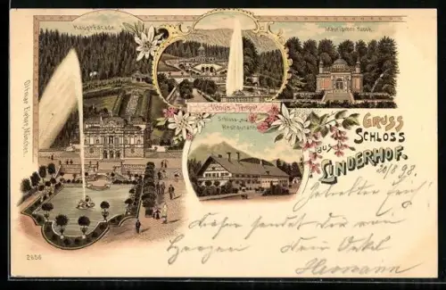 Lithographie Linderhof, Maurischer Kiosk, Schloss-Restaurant, Venus-Tempel