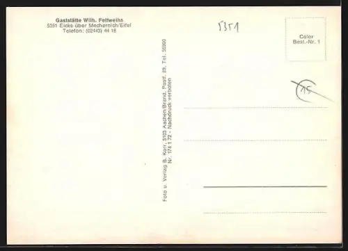 AK Eicks / Eifel, Gasthaus Fettweihs, Burg, Ortspartie, Kirche