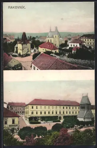 AK Rakovnik, Platz mit Turm, Teilansicht aus der Vogelschau