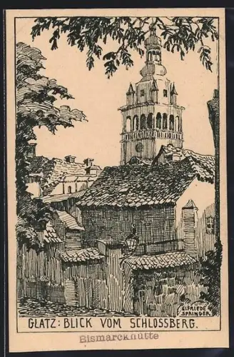 Künstler-AK Glatz, Blick vom Schlossberg, Ortspartie mit Turm