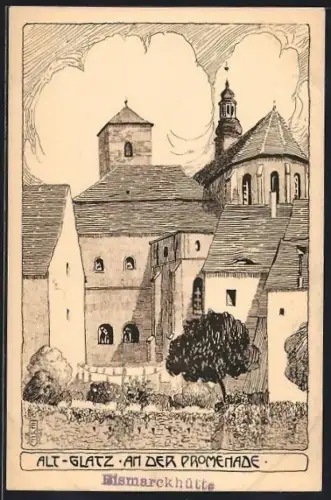 Künstler-AK Glatz, Alt-Glatz, An der Promenade, mit Kirche