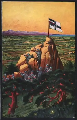 Künstler-AK E. v. Baumgarten: Auf Beobachtungsposten vor Tsingtau, Kolonialkriegerdank, Ostasiengeschwader