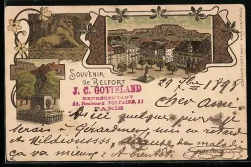 Lithographie Belfort, Ortspartie, Löwendenkmal, Denkmal