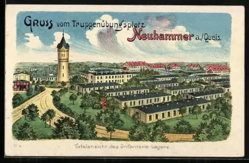 Künstler-AK Neuhammer a. Queis, Totalansicht des Infanterie-Lagers