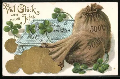 AK Geldbeutel mit goldenen Münzen, Geldnoten und vierblättrige Kleeblätter, Neujahrskarte
